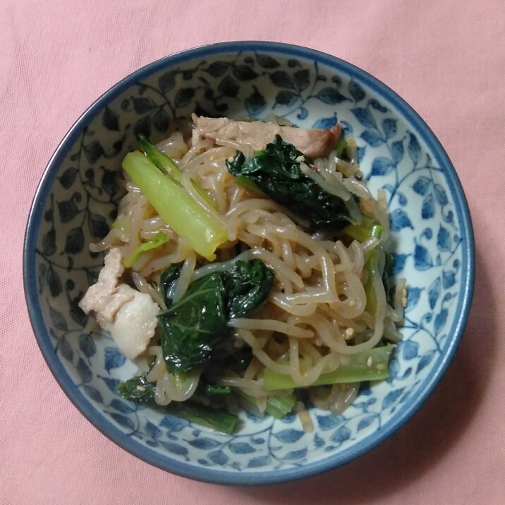 油なし~豚バラと糸蒟蒻と小松菜炒め